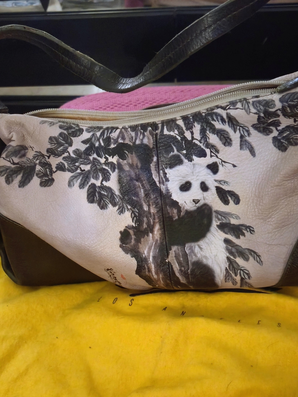 Icon Of Hollywood Leather Shoulder Bag with Panda Print and Black Trim